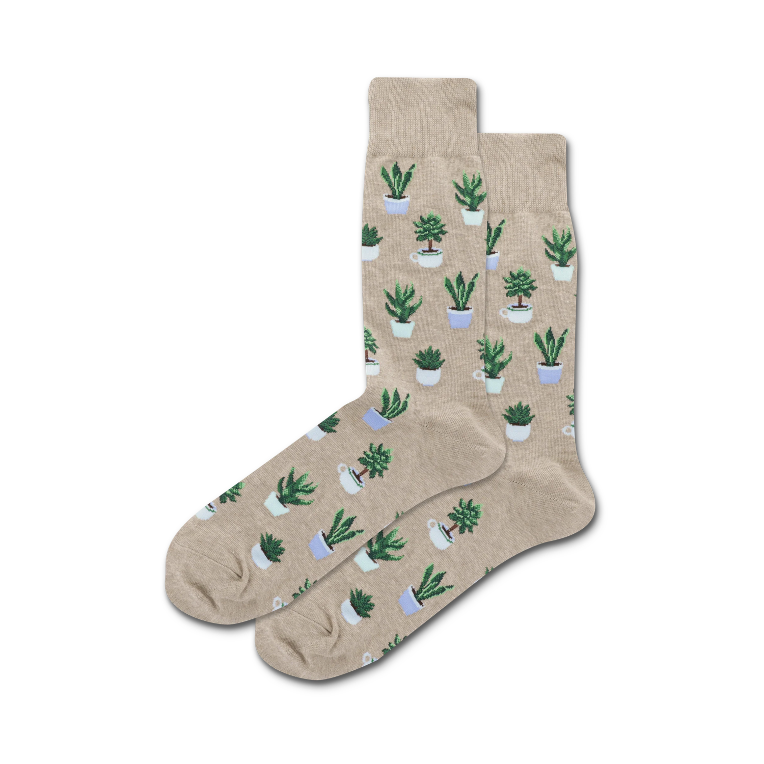 Pair of beige crew socks with a pattern of potted succulents in shades of green and light blue. 