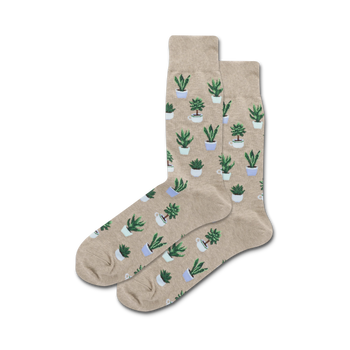 beige crew socks with green, white, and brown succulent patterns in white, gray, and blue pots.   