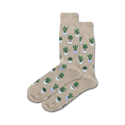 beige crew socks with green, white, and brown succulent patterns in white, gray, and blue pots.   