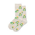 Pair of beige crew socks featuring a repeating pattern of green frogs wearing gold crowns.