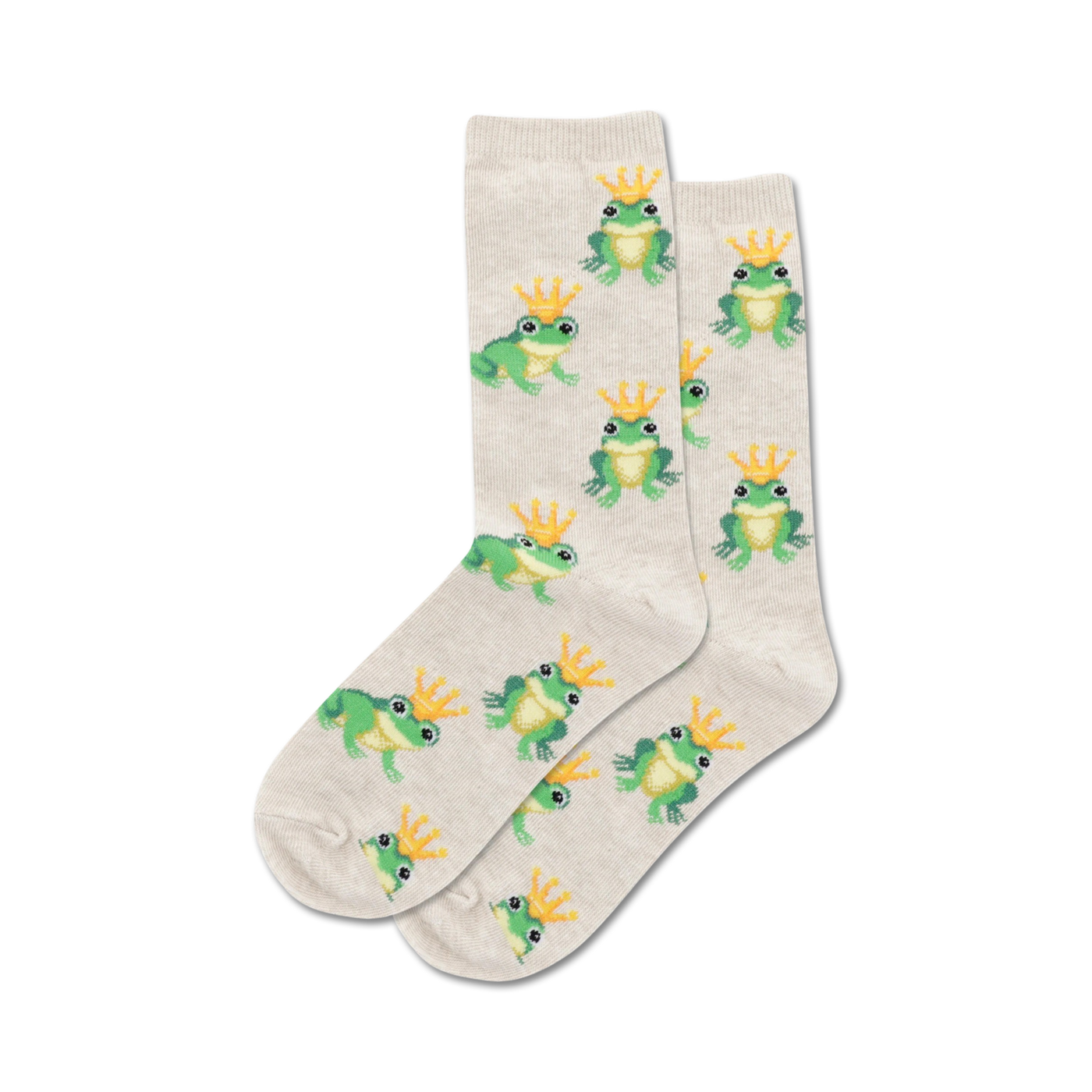 Pair of beige crew socks featuring a repeating pattern of green frogs wearing gold crowns.
