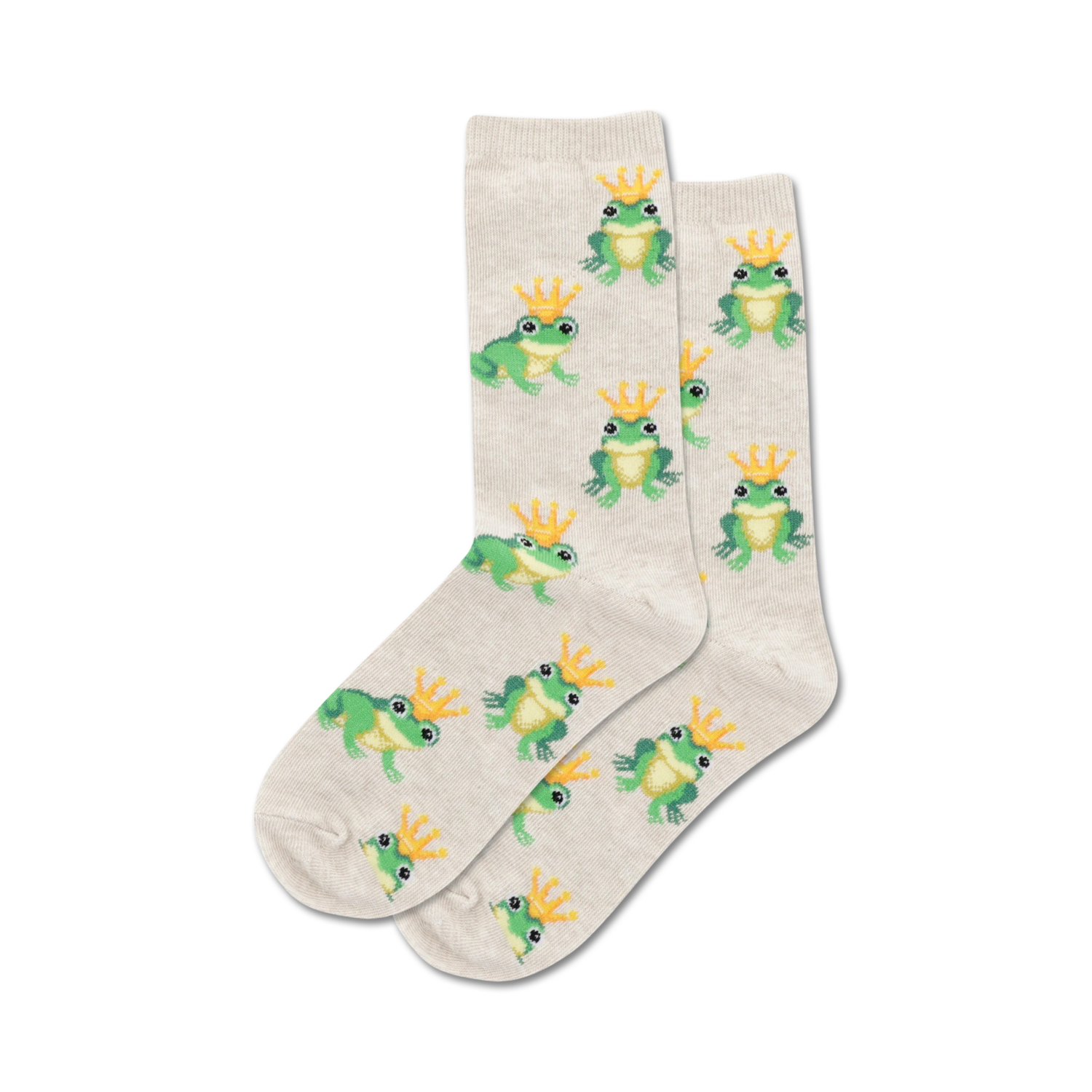 Pair of beige crew socks featuring a repeating pattern of green frogs wearing gold crowns.