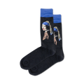 Pair of black crew socks with a vibrant image of Vermeer's 'Girl with a Pearl Earring'. Blue accents and a detailed portrait decorate the socks.