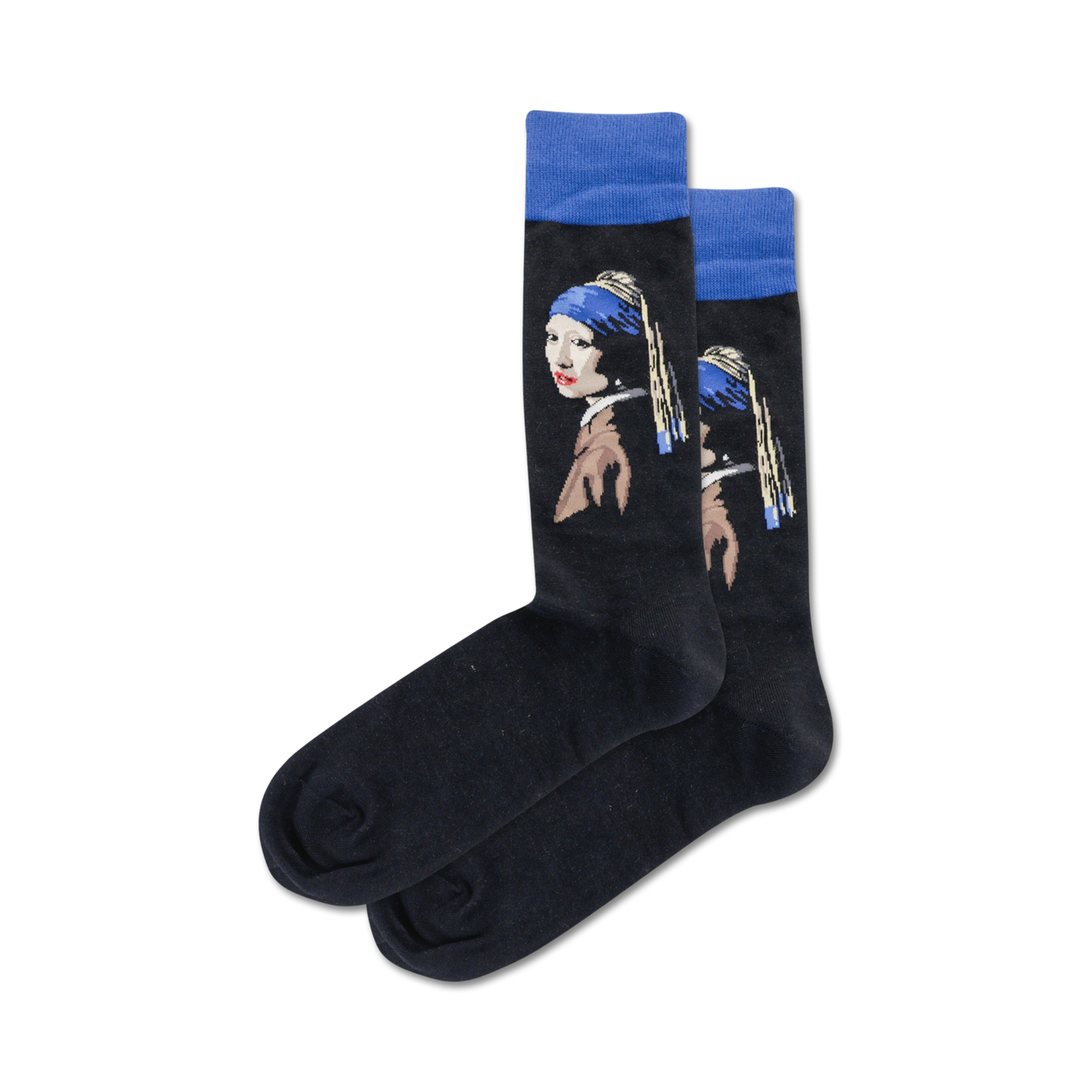 Pair of black crew socks with a vibrant image of Vermeer's 'Girl with a Pearl Earring'. Blue accents and a detailed portrait decorate the socks.