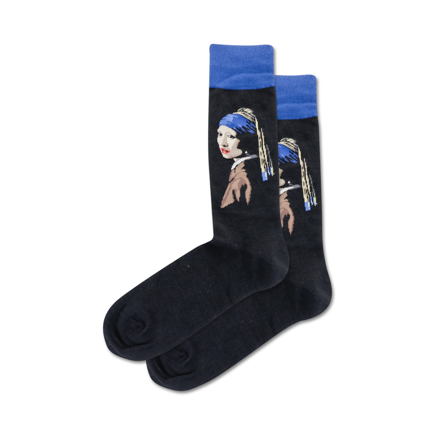 Pair of black crew socks with a vibrant image of Vermeer's 'Girl with a Pearl Earring'. Blue accents and a detailed portrait decorate the socks.
