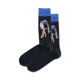black cotton crew socks featuring famous painting "girl with a pearl earring."   