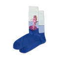 Pair of crew socks.  The top features Botticelli's 'Birth of Venus' in pinks and creams against a light background. The bottom is royal blue.