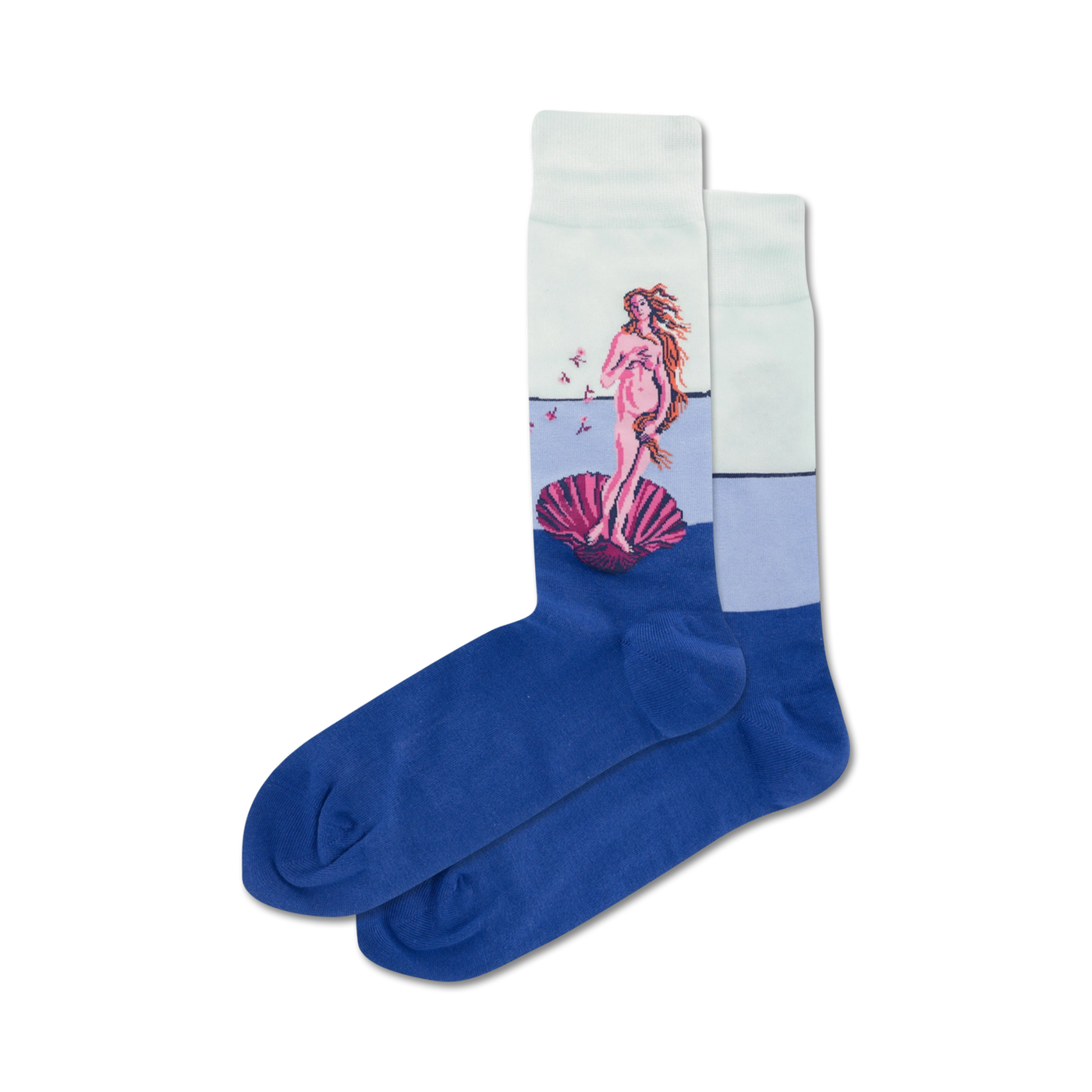 Pair of crew socks.  The top features Botticelli's 'Birth of Venus' in pinks and creams against a light background. The bottom is royal blue.
