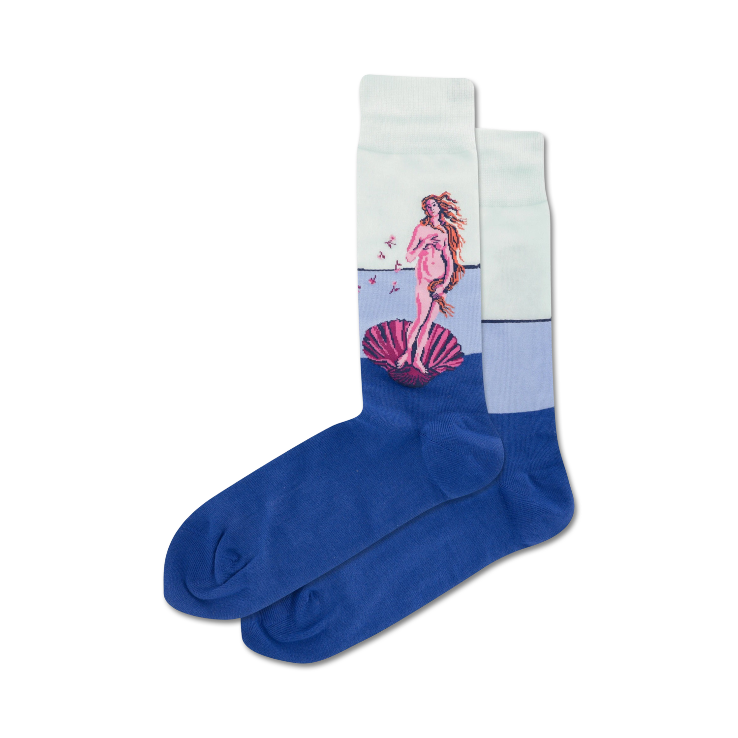 Pair of crew socks.  The top features Botticelli's 'Birth of Venus' in pinks and creams against a light background. The bottom is royal blue.