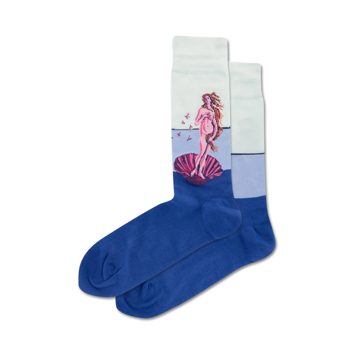 botticelli's birth of venus painting printed on blue crew socks with white cuff and toe.   }}