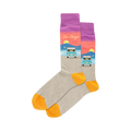 Crew socks in light gray, purple, and orange, featuring a San Diego beach scene with VW buses and surfboards.