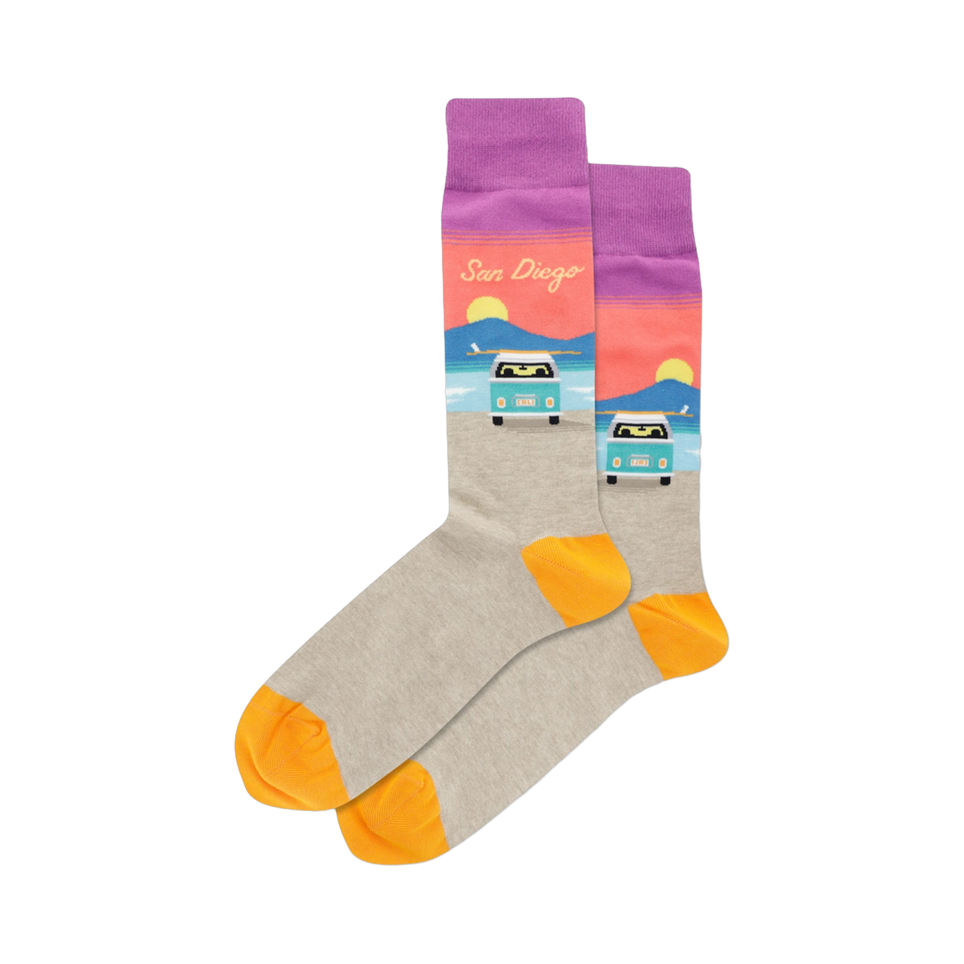Crew socks in light gray, purple, and orange, featuring a San Diego beach scene with VW buses and surfboards.
