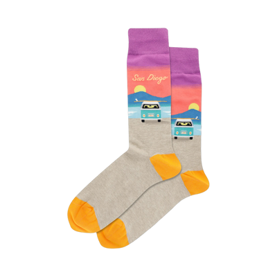 Crew socks in light gray, purple, and orange, featuring a San Diego beach scene with VW buses and surfboards.