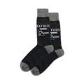 Pair of dark grey crew socks with a light grey, embroidered 'Father of the Groom' design.