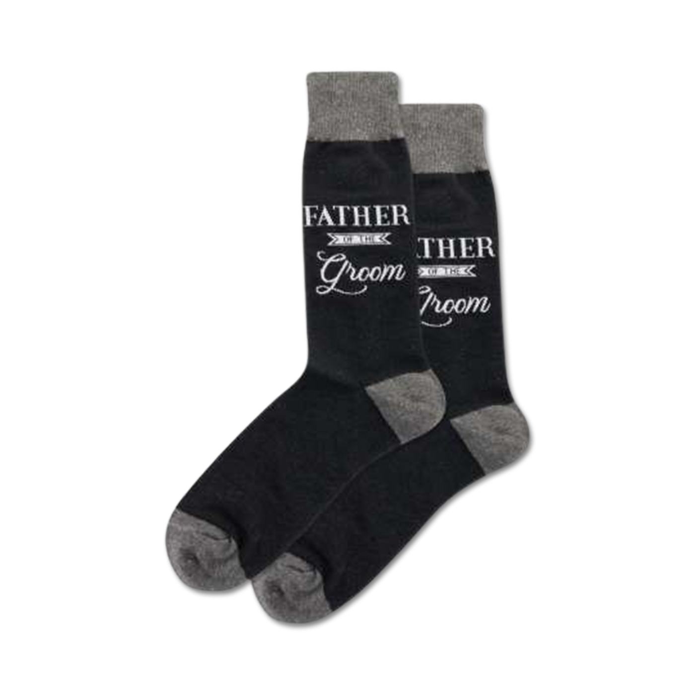 Pair of dark grey crew socks with a light grey, embroidered 'Father of the Groom' design.