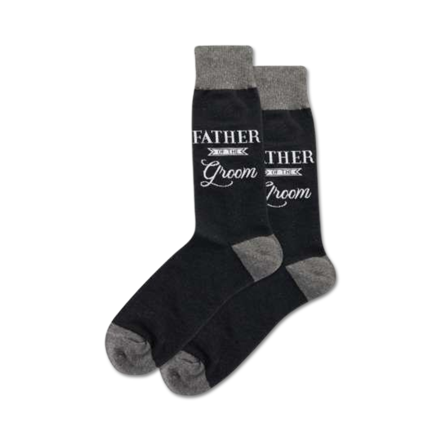 Pair of dark grey crew socks with a light grey, embroidered 'Father of the Groom' design.