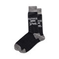 Pair of dark gray crew socks with a white 'Father of the Bride' design.  Features a gray cuff.