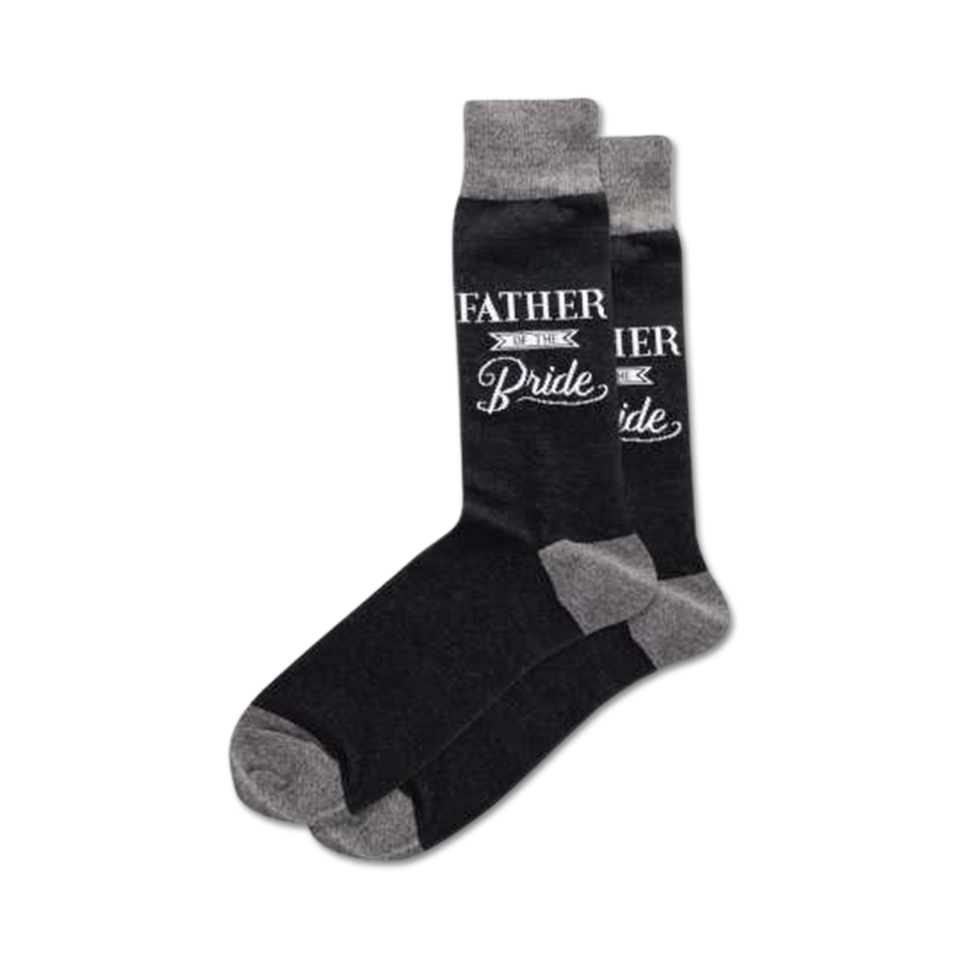Pair of dark gray crew socks with a white 'Father of the Bride' design.  Features a gray cuff.