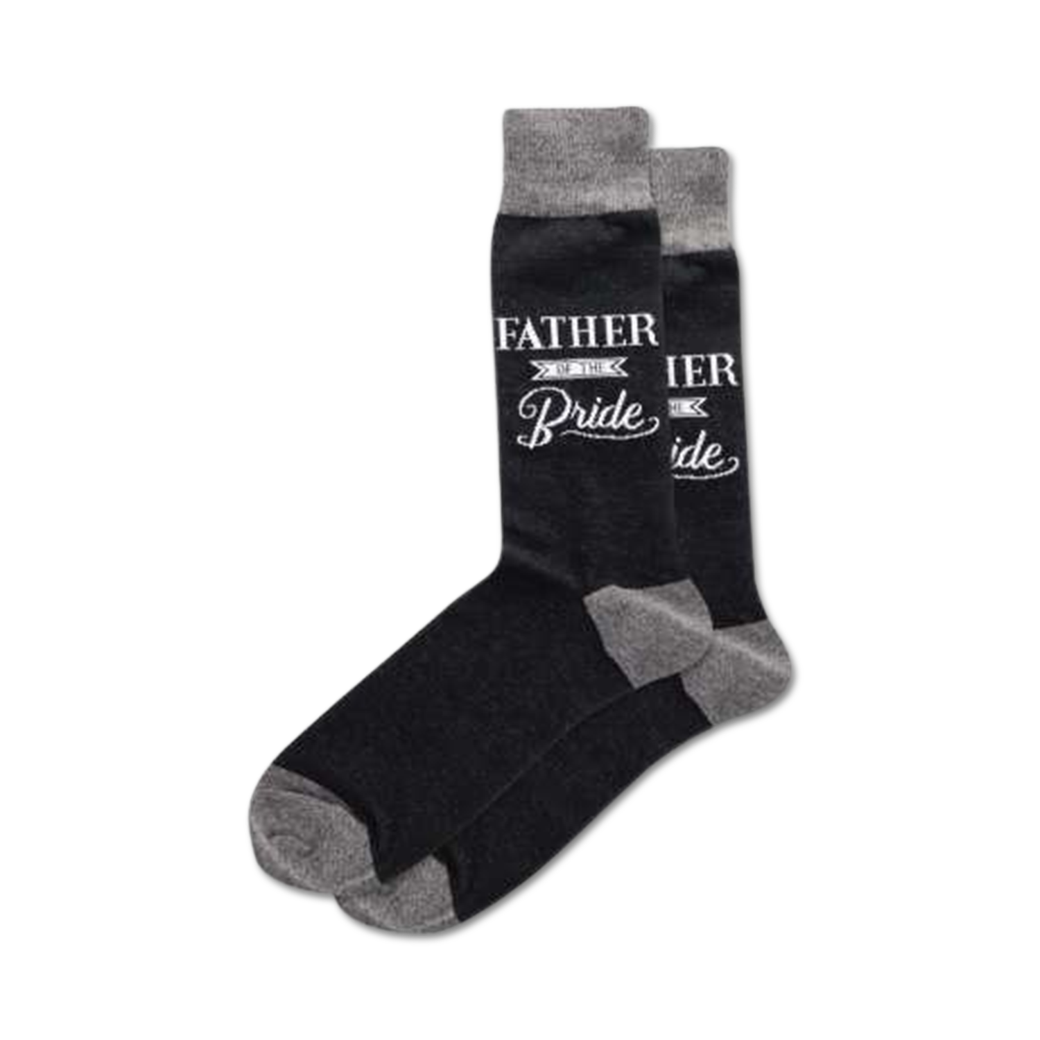 Pair of dark gray crew socks with a white 'Father of the Bride' design.  Features a gray cuff.
