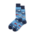 A pair of crew socks in blue and navy. The design features red airplanes, clouds, and the phrase 'Just Married'.