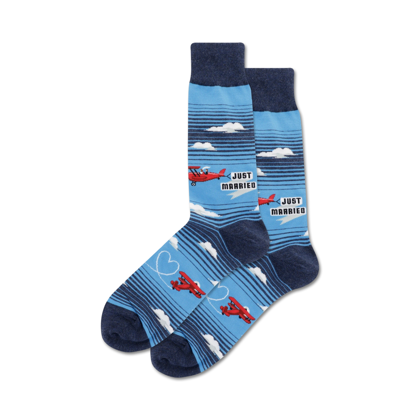 A pair of crew socks in blue and navy. The design features red airplanes, clouds, and the phrase 'Just Married'.