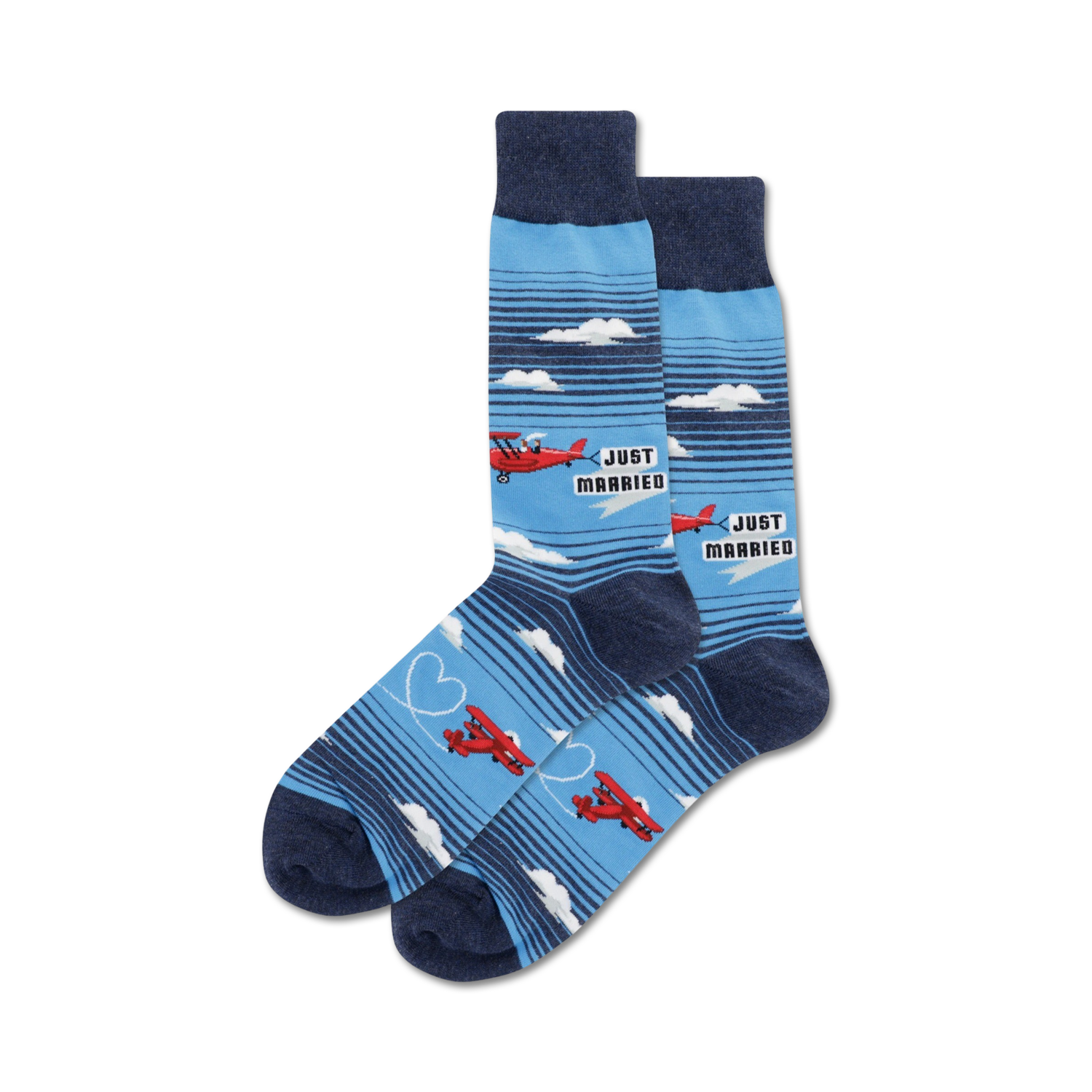 A pair of crew socks in blue and navy. The design features red airplanes, clouds, and the phrase 'Just Married'.