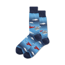 blue crew socks with red airplanes and white clouds pattern, "just married" text, perfect for newlyweds.   
