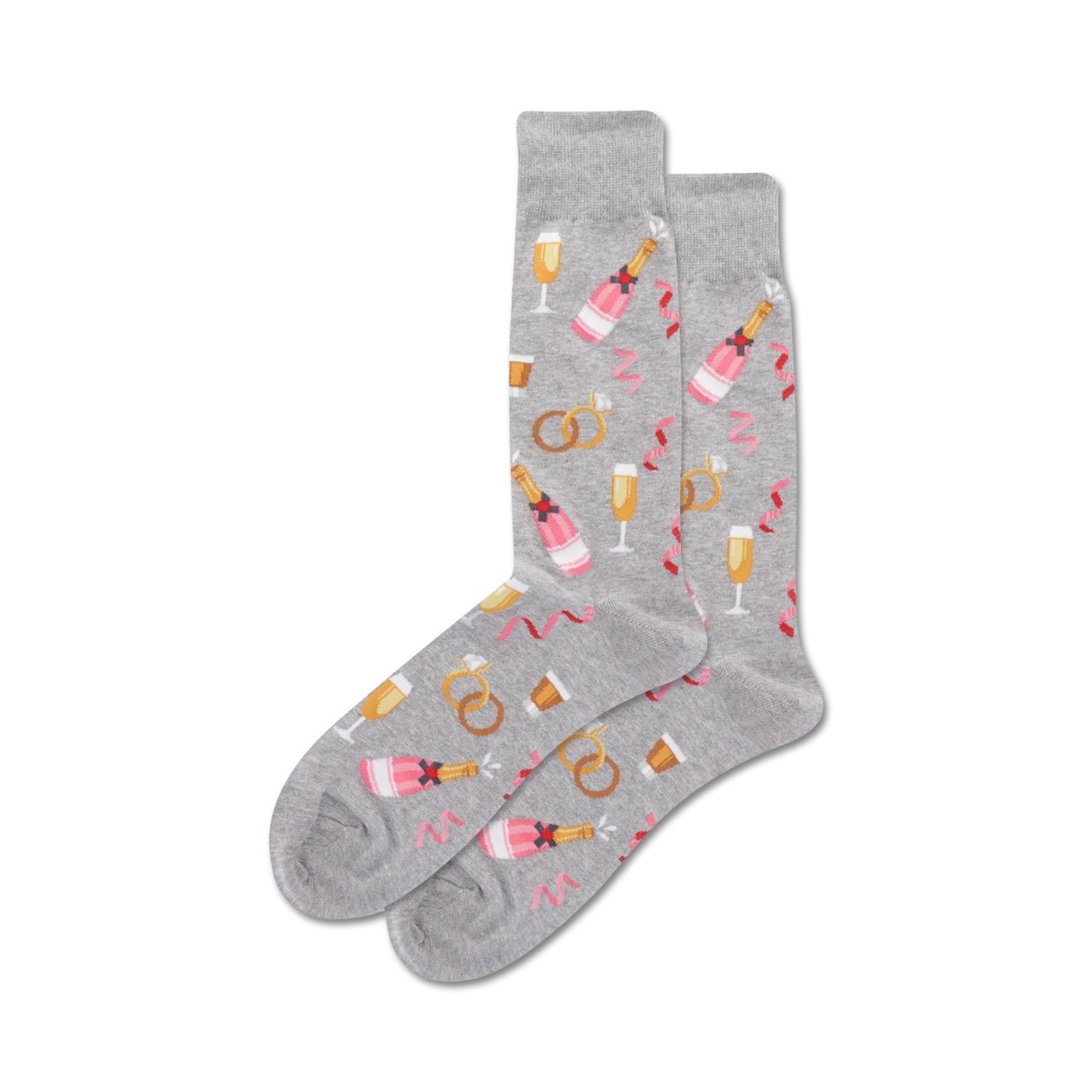 A pair of grey crew socks with a fun wedding theme.  The design includes pink champagne bottles, gold wedding rings, and champagne glasses.