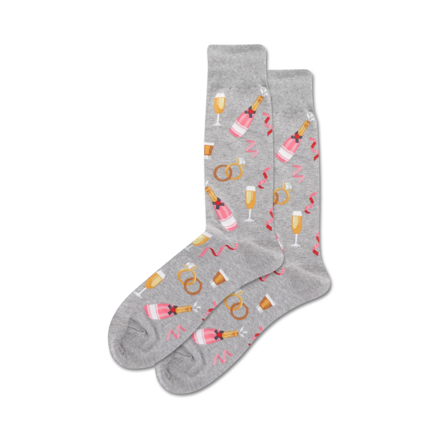 A pair of grey crew socks with a fun wedding theme.  The design includes pink champagne bottles, gold wedding rings, and champagne glasses.