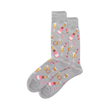 mens gray crew socks with a pattern of champagne bottles, flutes, wedding rings, and ribbons.  