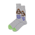 Pair of grey crew socks with lime green cuffs.  Features pixelated gorilla illustrations and 'DAD BOD' text in purple.