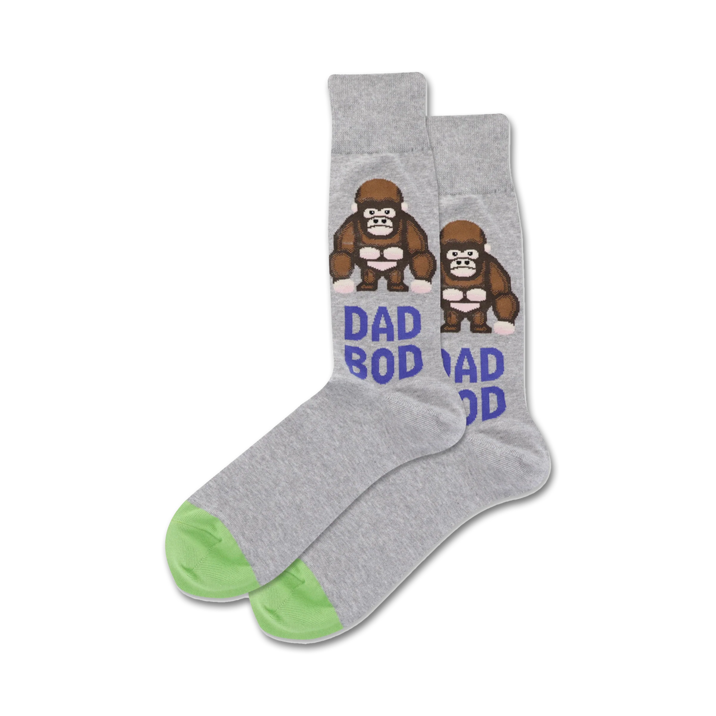 Pair of grey crew socks with lime green cuffs.  Features pixelated gorilla illustrations and 'DAD BOD' text in purple.