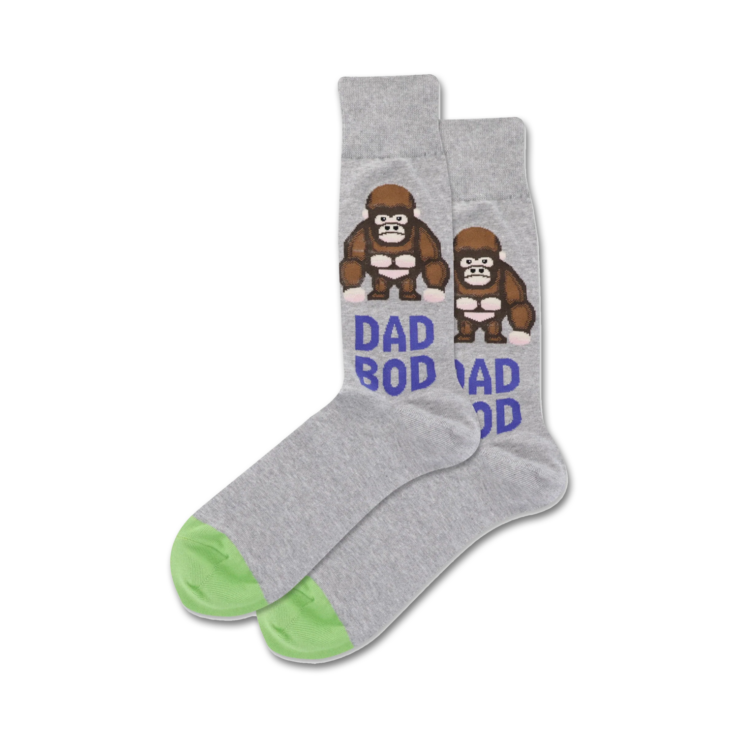 Pair of grey crew socks with lime green cuffs.  Features pixelated gorilla illustrations and 'DAD BOD' text in purple.