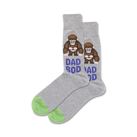 mens gray crew socks with green toes and heels have dad bod words and brown gorilla with beer belly pattern.    