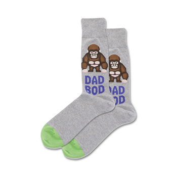 mens gray crew socks with green toes and heels have dad bod words and brown gorilla with beer belly pattern.    