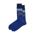Pair of blue crew socks featuring Van Gogh's Starry Night Over the Rhone painting.  The design includes a cityscape reflected in water under a starry night sky.