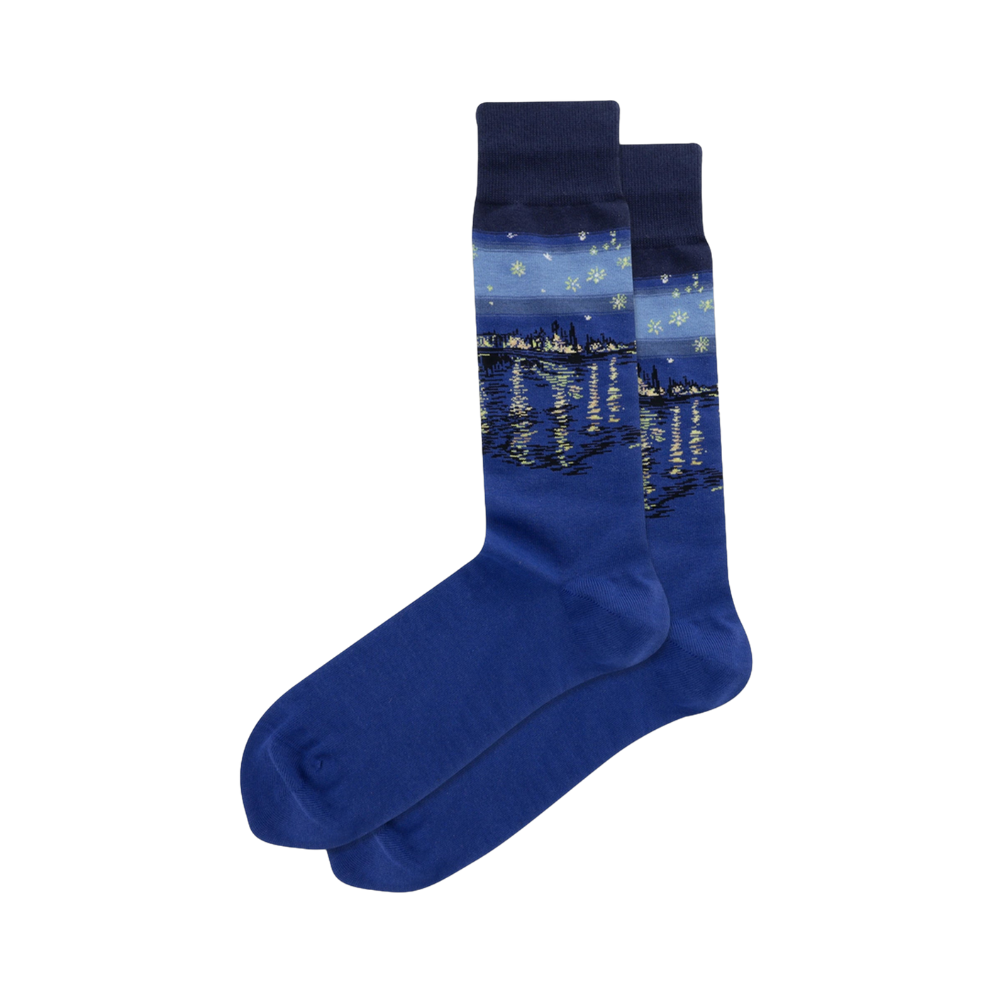 Pair of blue crew socks featuring Van Gogh's Starry Night Over the Rhone painting.  The design includes a cityscape reflected in water under a starry night sky.
