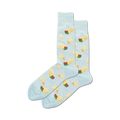 Pair of light blue crew socks with a fun pattern of nachos and burritos. Perfect for adding a little spice to any outfit!