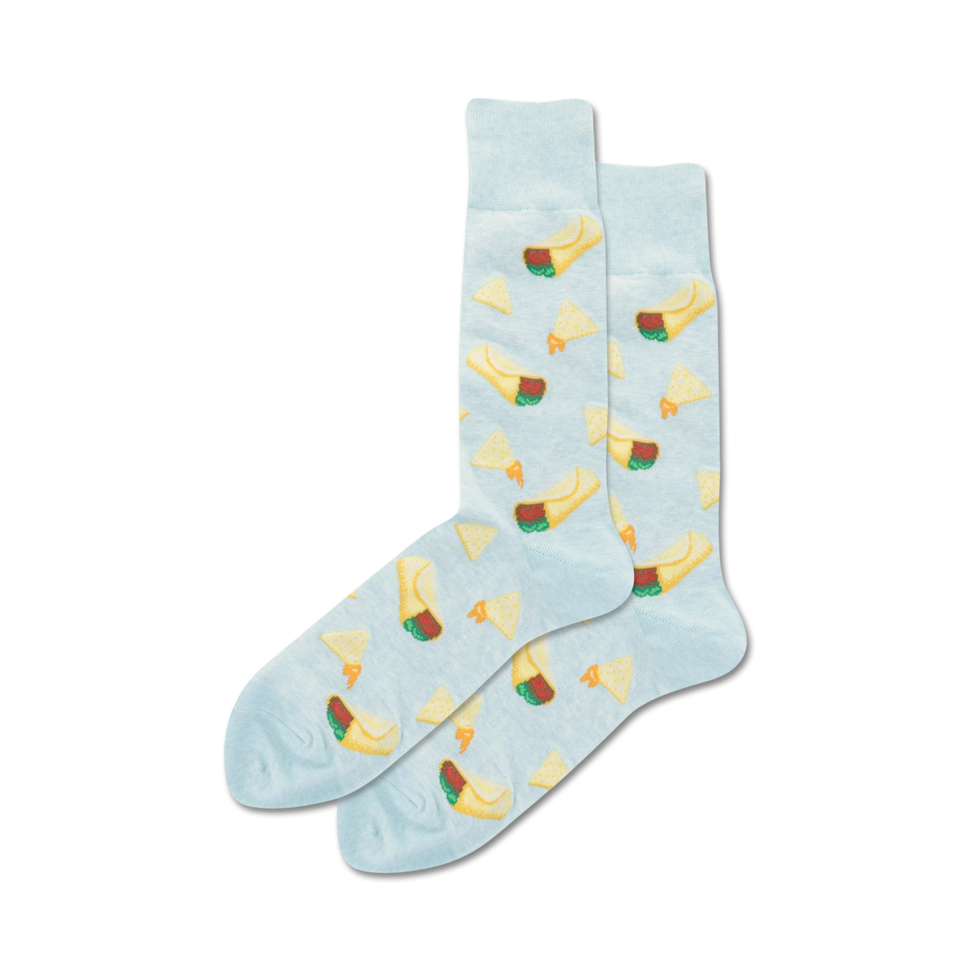 Pair of light blue crew socks with a fun pattern of nachos and burritos. Perfect for adding a little spice to any outfit!