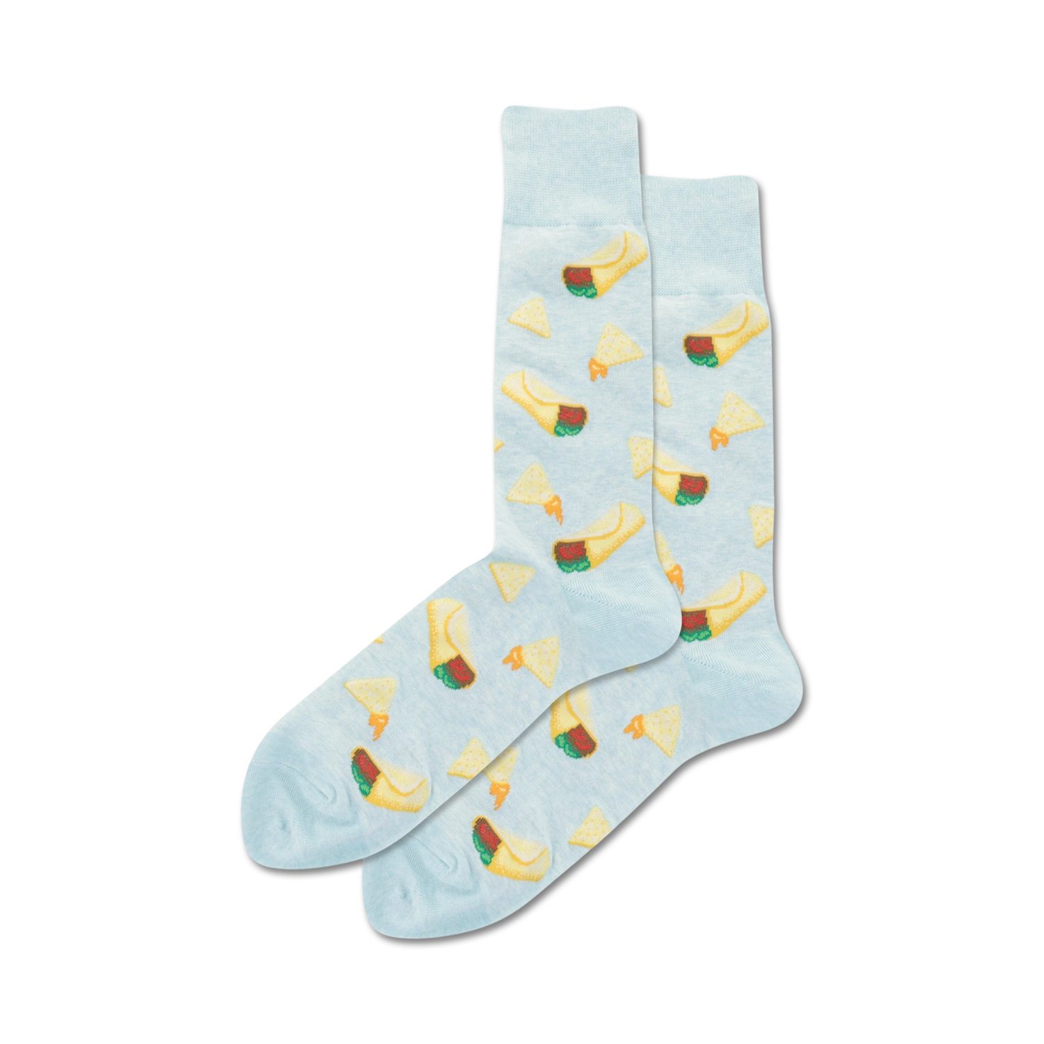 Pair of light blue crew socks with a fun pattern of nachos and burritos. Perfect for adding a little spice to any outfit!