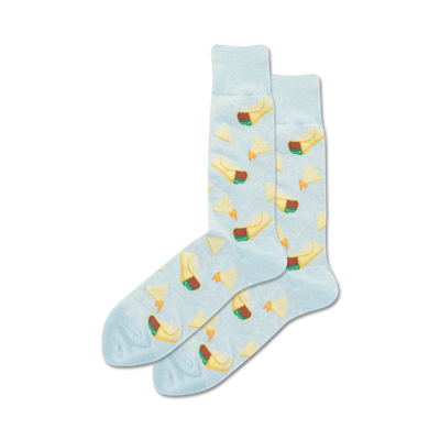 blue crew socks with cartoon nachos and burritos pattern. men's. nachos and burritos theme.  