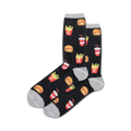 Pair of black crew socks with a fun burger, fries, and soda design. Red, yellow, and grey accents on the black background.