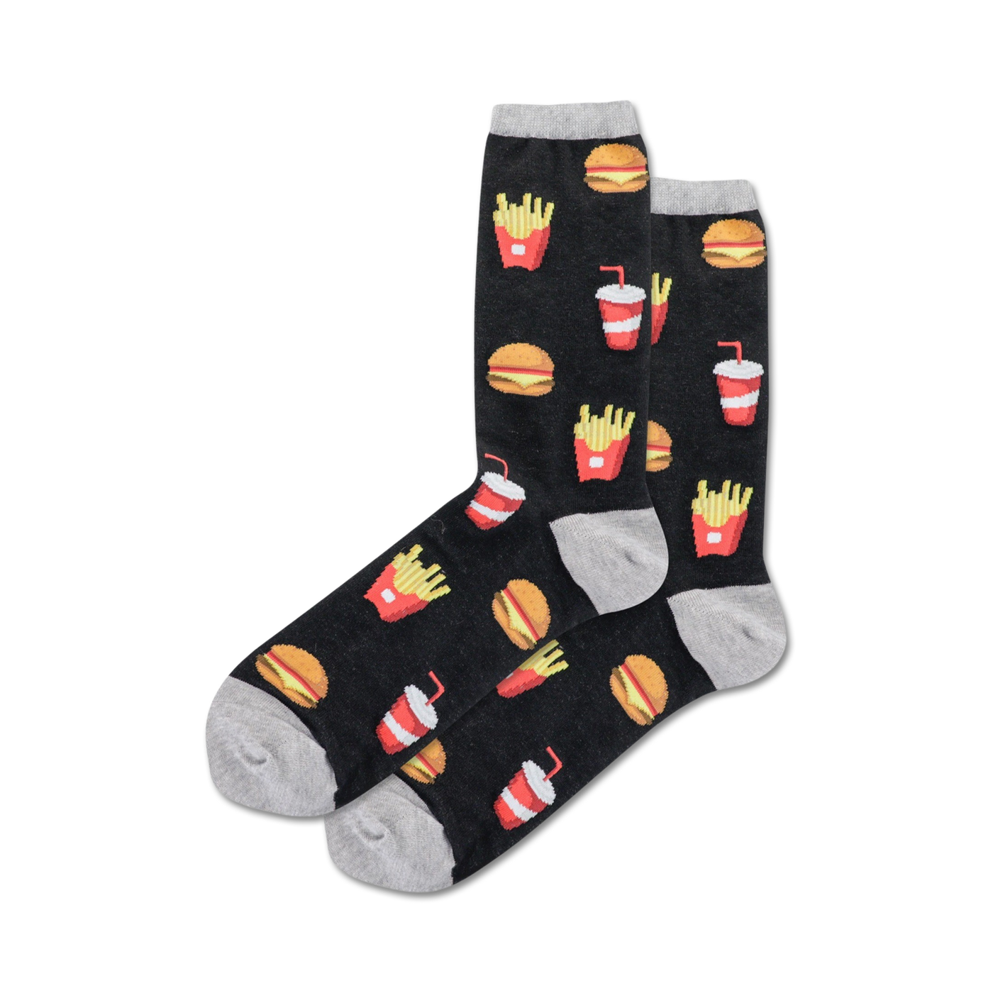 Pair of black crew socks with a fun burger, fries, and soda design. Red, yellow, and grey accents on the black background.