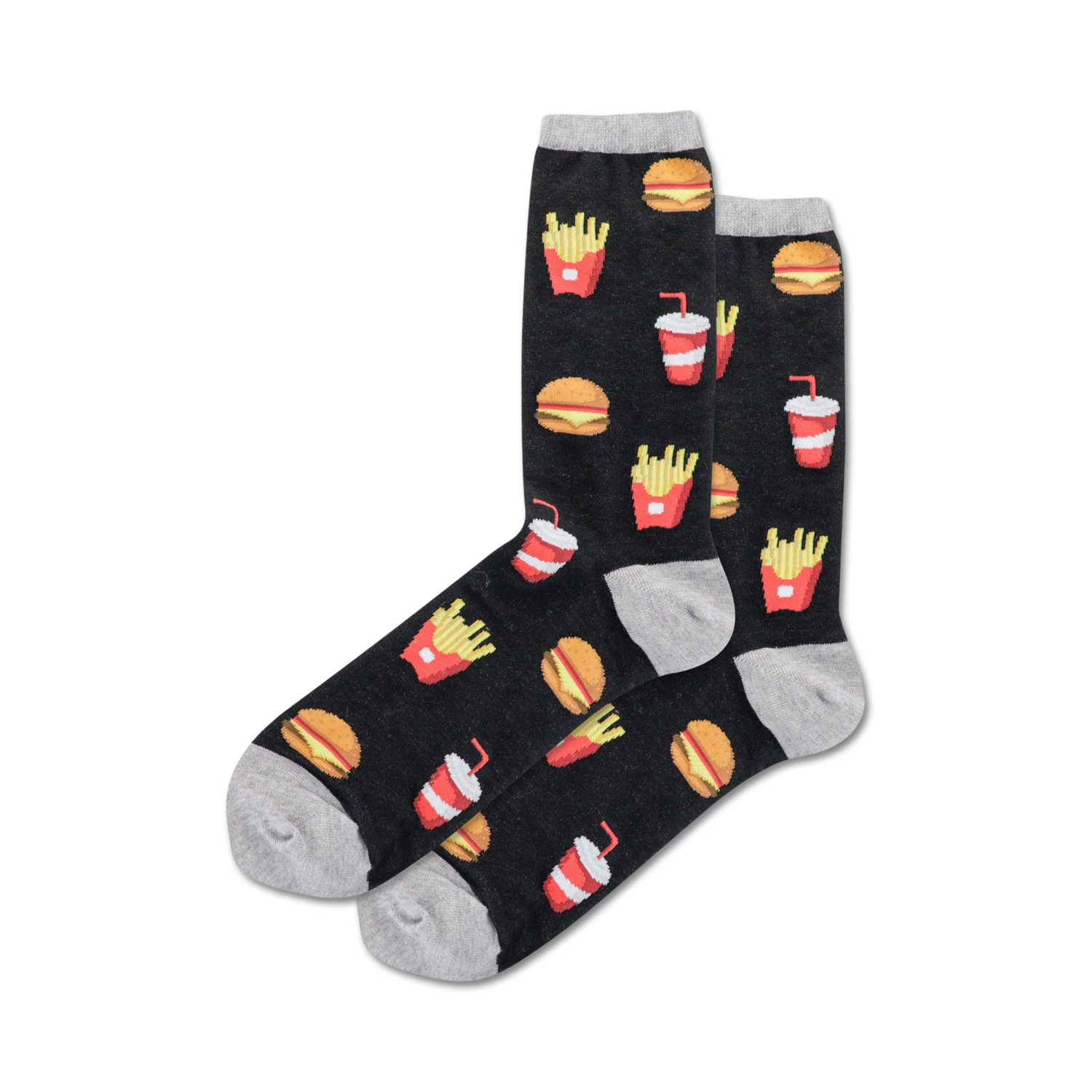 Pair of black crew socks with a fun burger, fries, and soda design. Red, yellow, and grey accents on the black background.