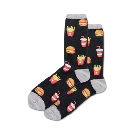 black crew socks with burger, fries, and soda pattern.  