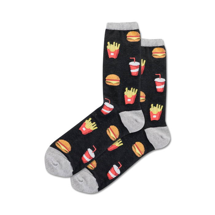 black crew socks with burger, fries, and soda pattern.   }}
