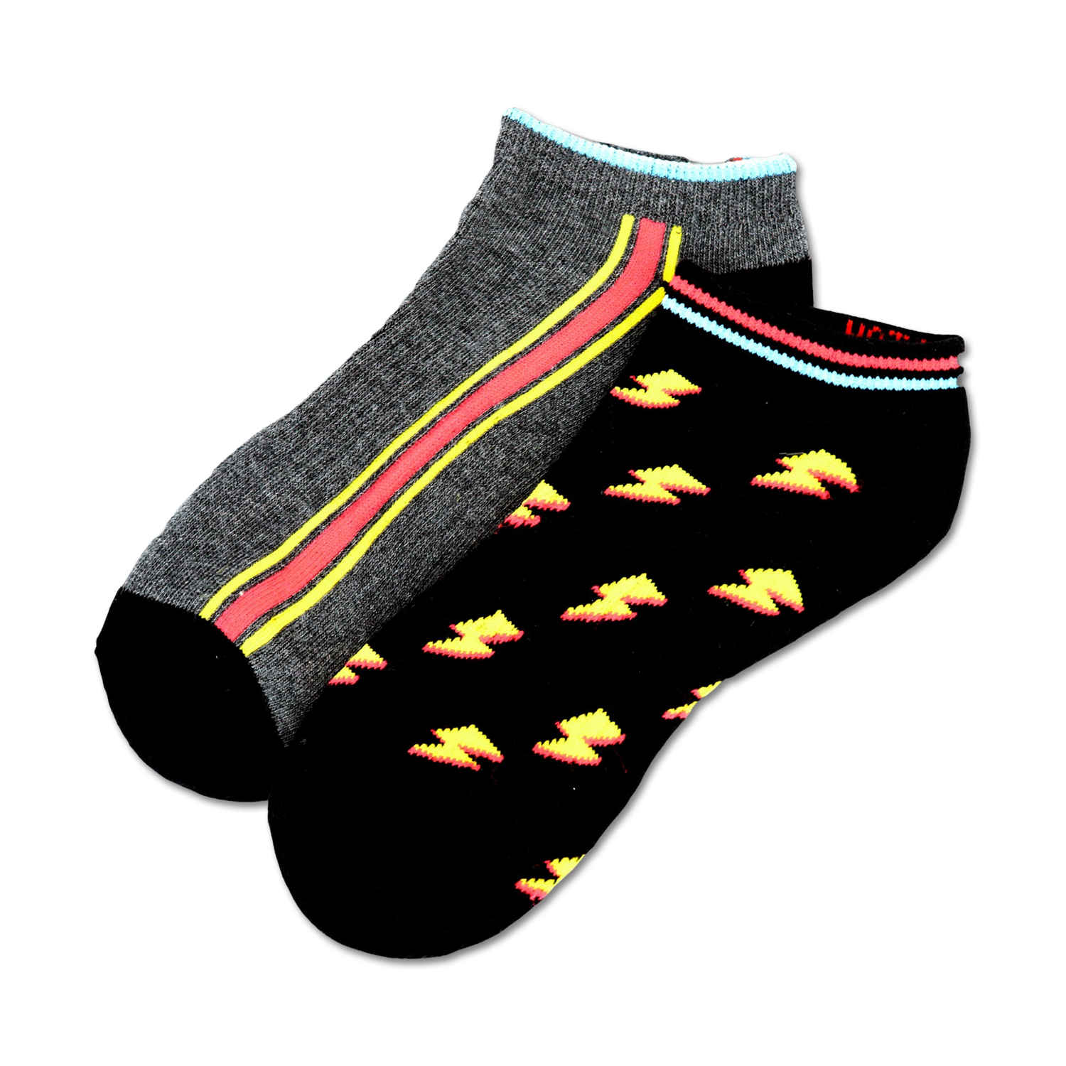 Two pairs of ankle socks. One pair is gray with a pink and yellow stripe, and the other is black with a yellow lightning bolt pattern. 