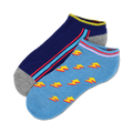 Lifestyle shot: Two pairs of ankle socks (navy with red/aqua stripes and light blue with yellow lightning bolts) laid casually.