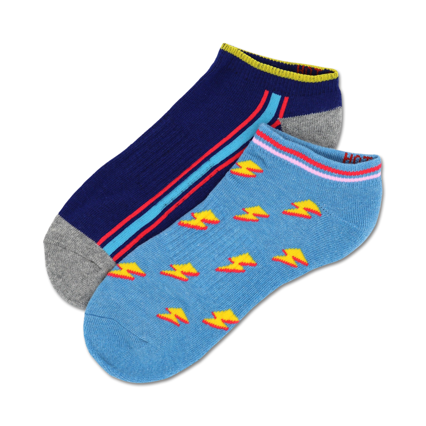 Lifestyle shot: Two pairs of ankle socks (navy with red/aqua stripes and light blue with yellow lightning bolts) laid casually.