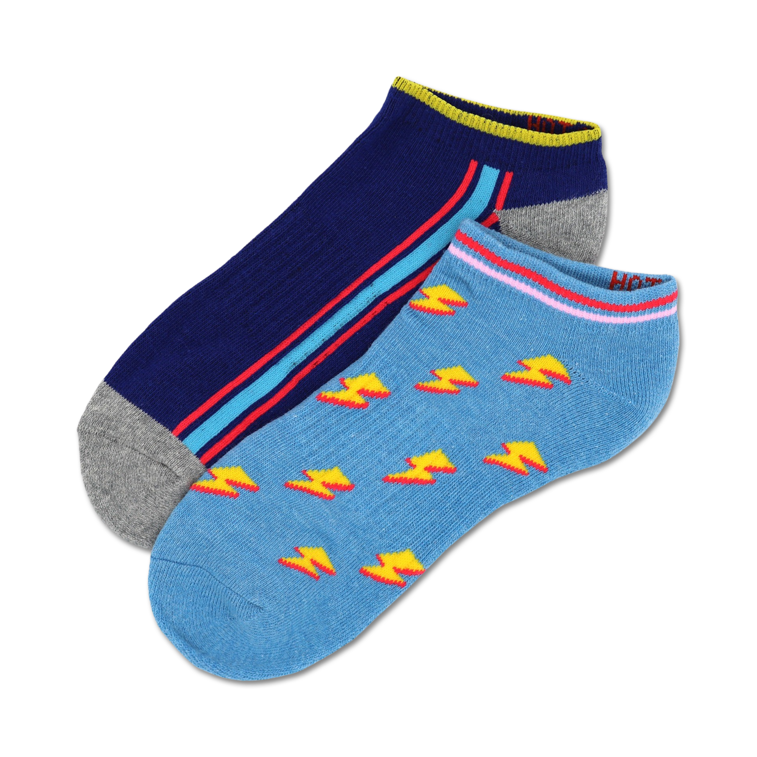 Lifestyle shot: Two pairs of ankle socks (navy with red/aqua stripes and light blue with yellow lightning bolts) laid casually.